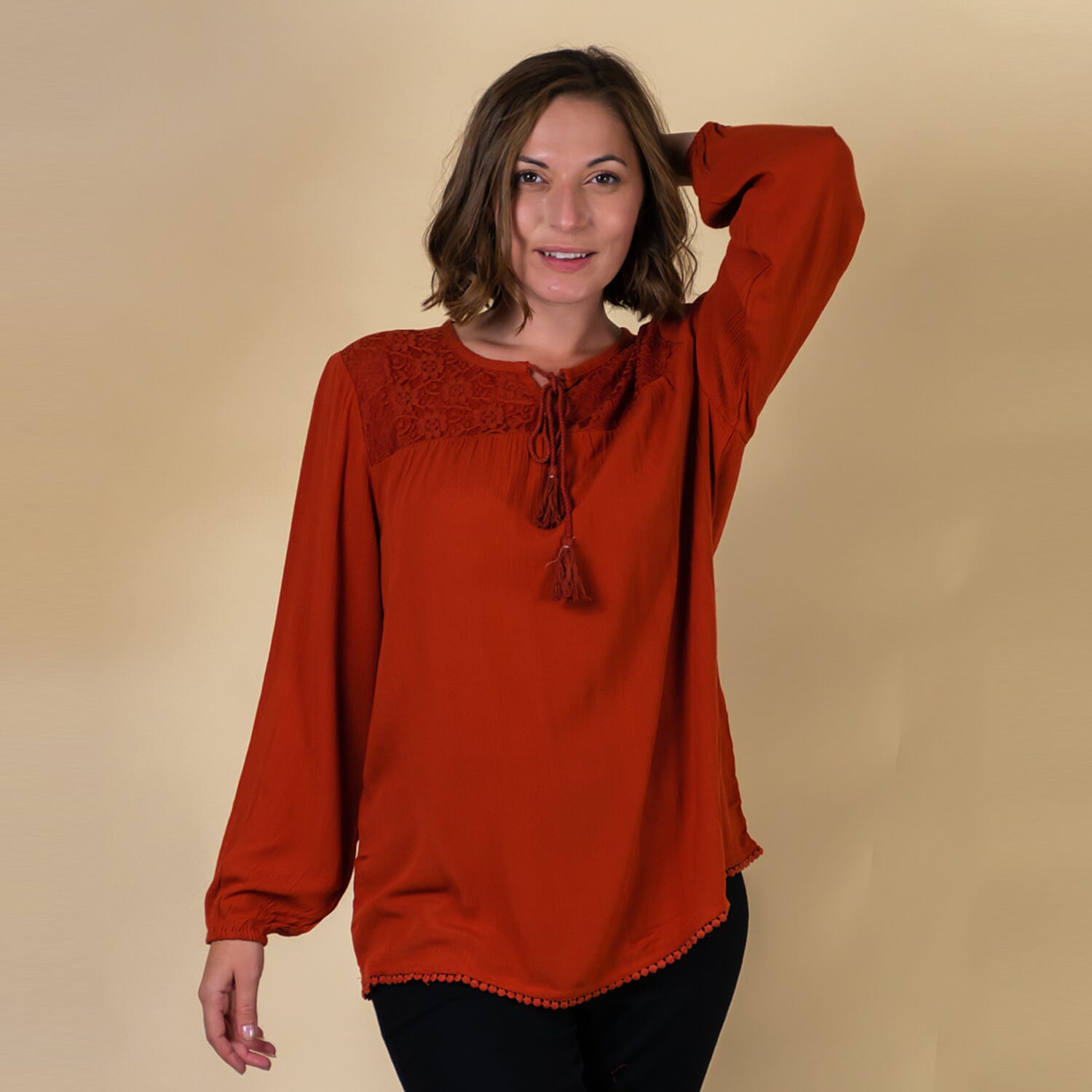 TAMSY Lace Detailing Long-Sleeve Women's Top - Red 7585084 0