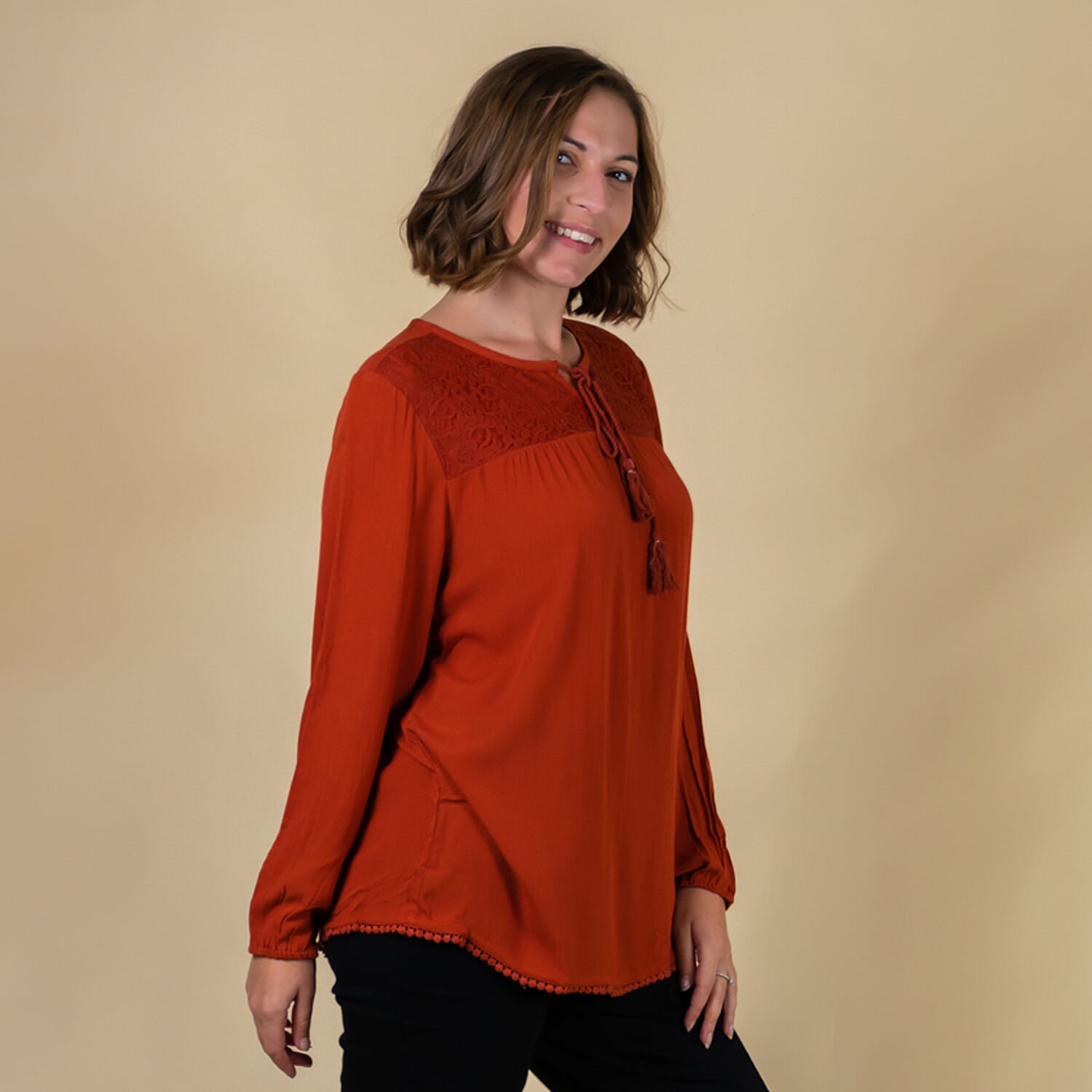 TAMSY Lace Detailing Long-Sleeve Women's Top - Red 7585084 3