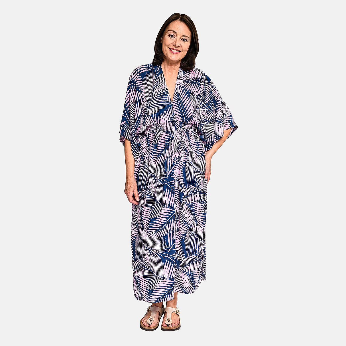 TAMSY - Leaf Pattern Maxi Dress - Navy Blue and Pink 8892923 0