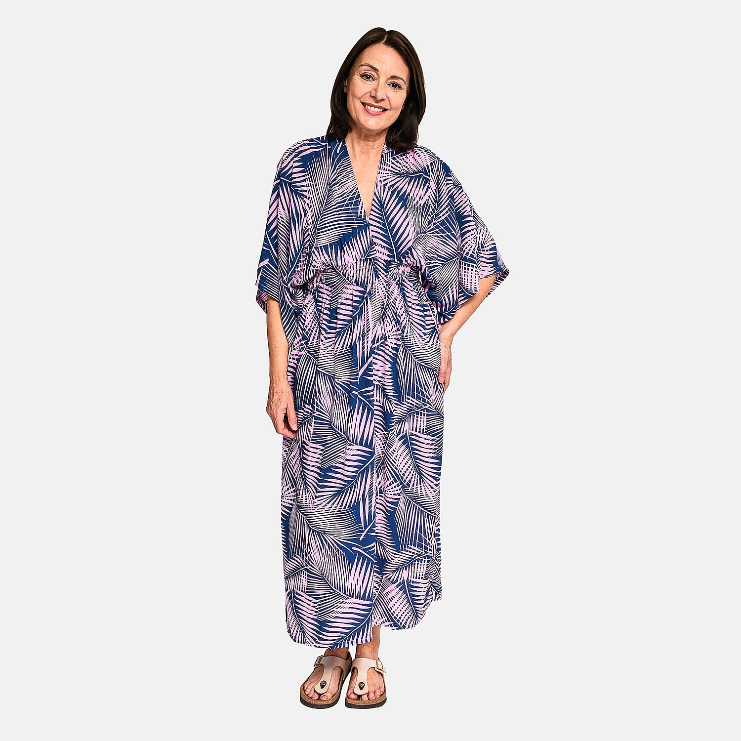 TAMSY - Leaf Pattern Maxi Dress - Navy Blue and Pink 8892923 0