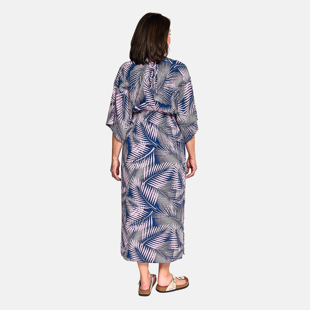 Tamsy - 100% Viscose Leaf Pattern Maxi Dress (One Size 8-18) - Navy Blue - Pink
