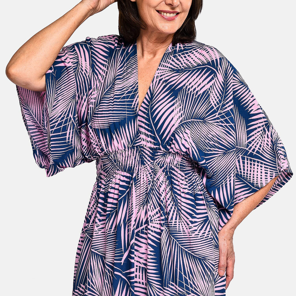 Tamsy - 100% Viscose Leaf Pattern Maxi Dress (One Size 8-18) - Navy Blue - Pink