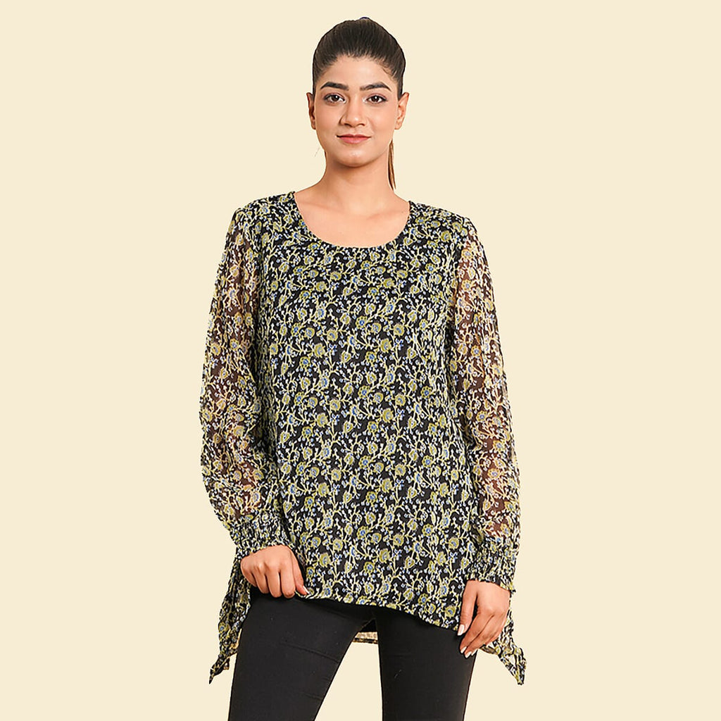 TAMSY Floral Pattern Top (Size 10) - Green & Black