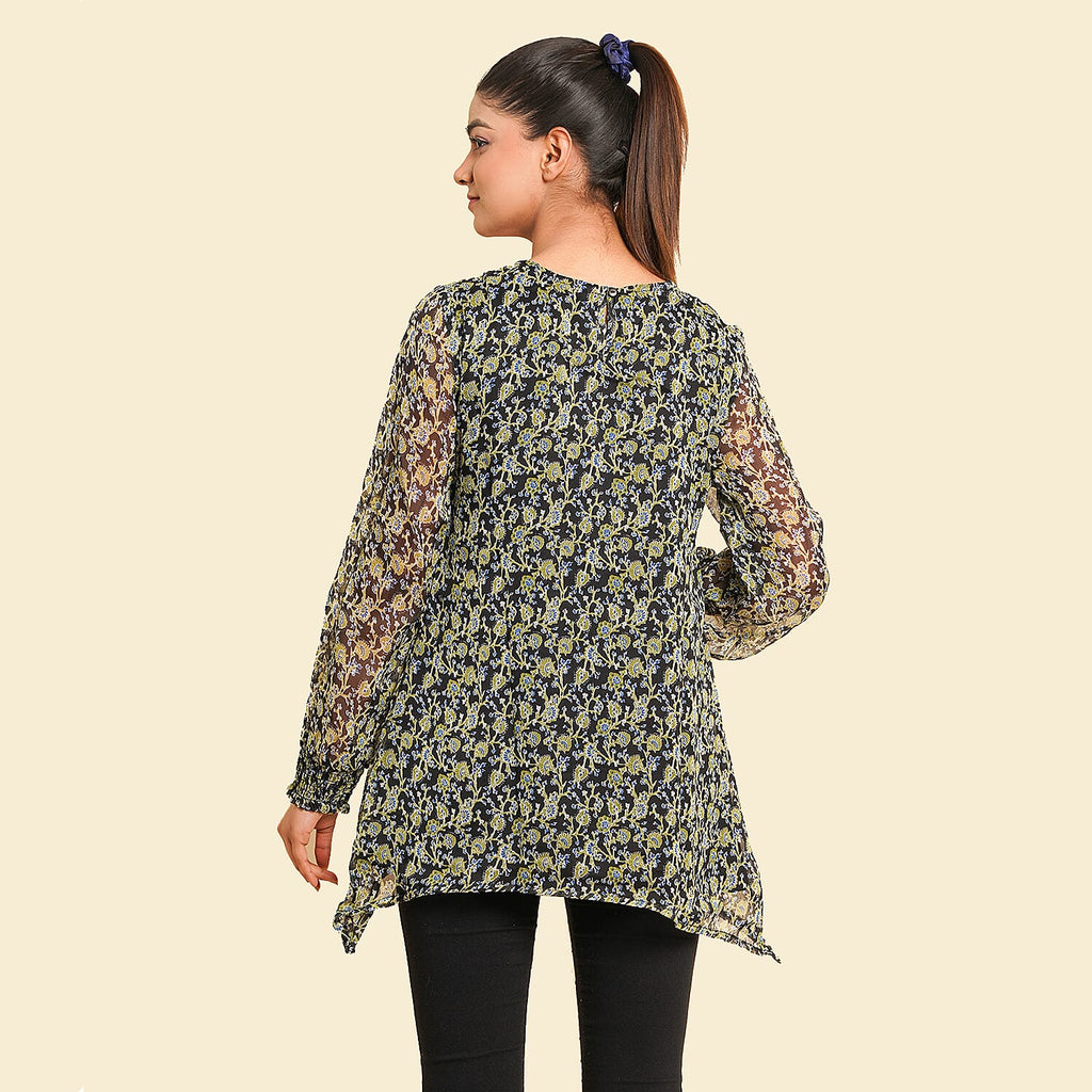 TAMSY Floral Pattern Top (Size 10) - Green & Black