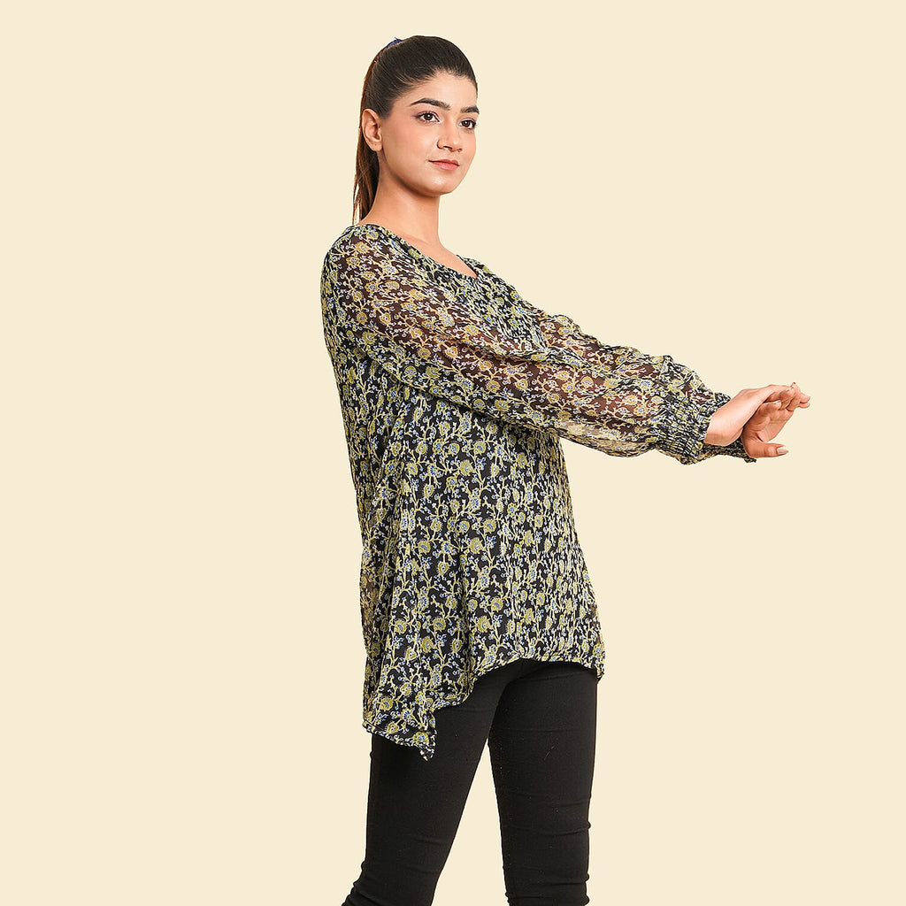 TAMSY Floral Pattern Top (Size 10) - Green & Black