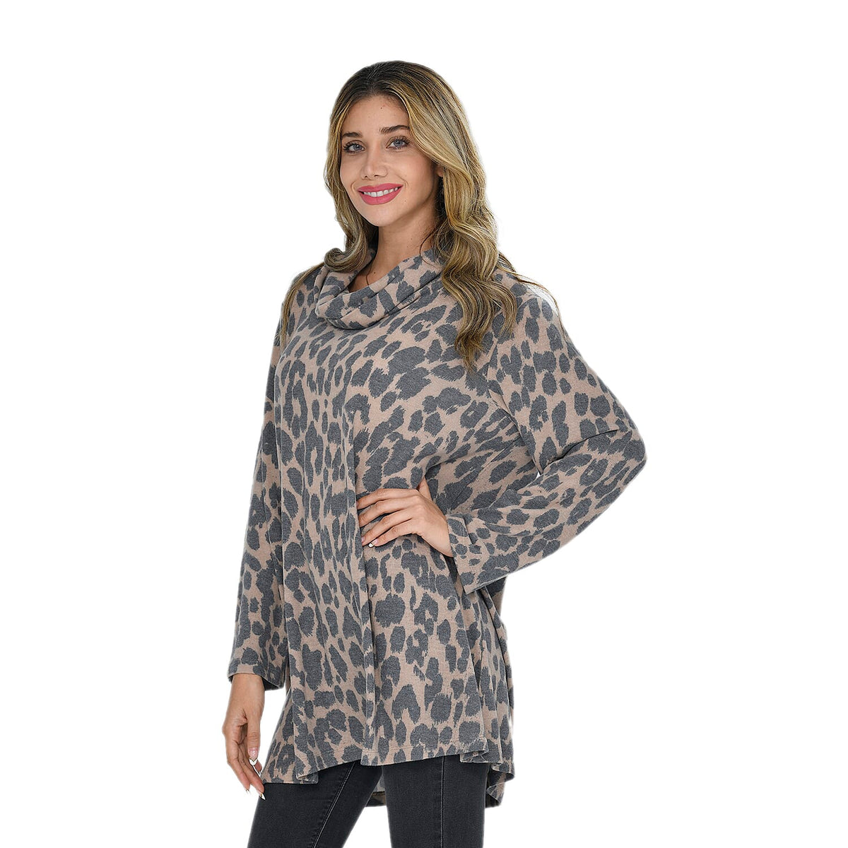 TAMSY Leopard Pattern Cowl Neck Women's Top - Grey 3881752 2
