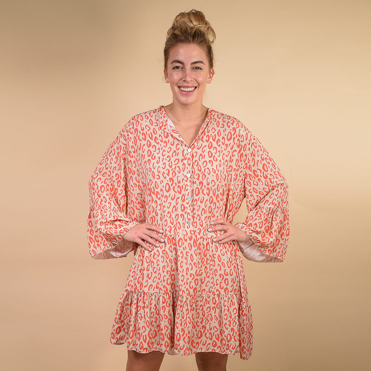 TAMSY Digital Leopard Print Button Detail Smock Tunic - Coral 6346467 0