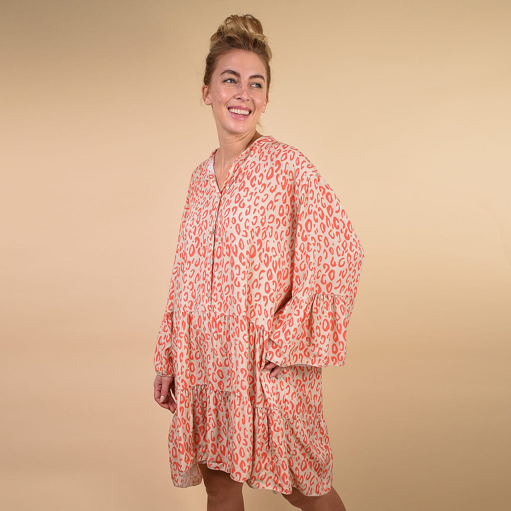 TAMSY 100% Viscose Digital Leopard Print Button Detail Smock Dress One Size, (Fits 8-20) - Coral