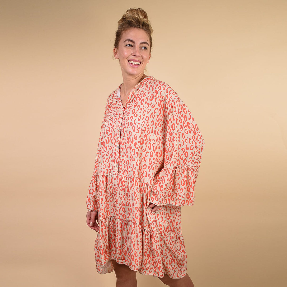 TAMSY Digital Leopard Print Button Detail Smock Tunic - Coral 6346467 1