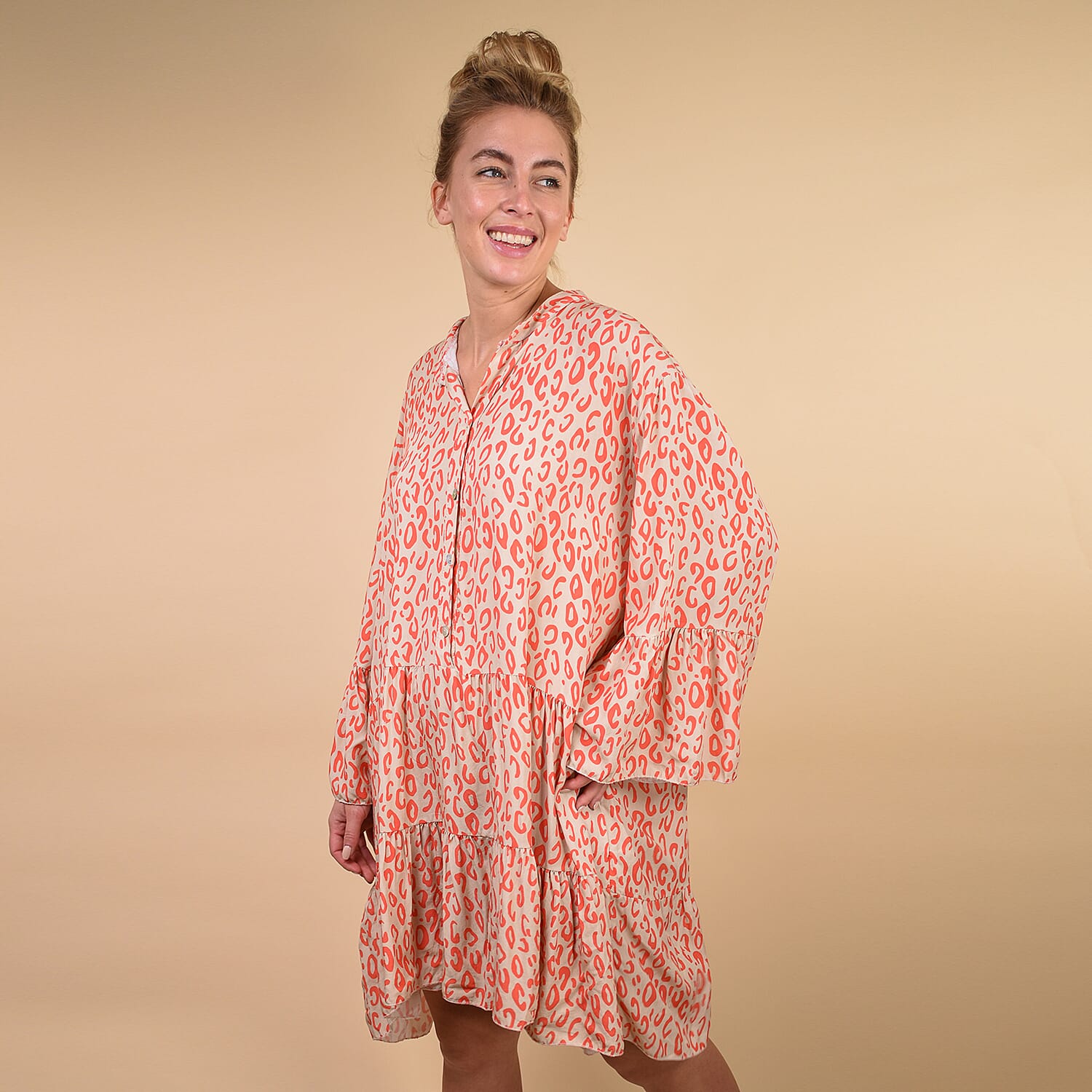 TAMSY Digital Leopard Print Button Detail Smock Tunic - Coral 6346467 1