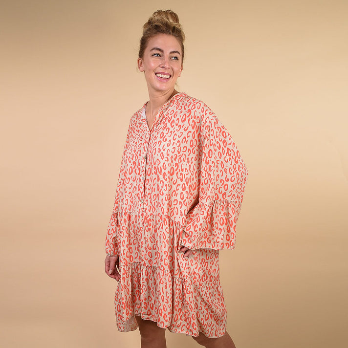 TAMSY Digital Leopard Print Button Detail Smock Tunic - Coral 6346467 2