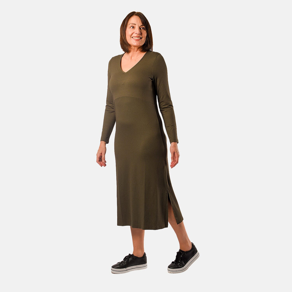 TAMSY V - Neck Long Sleeves Midi Dress with Pocket (Size L) - Olive