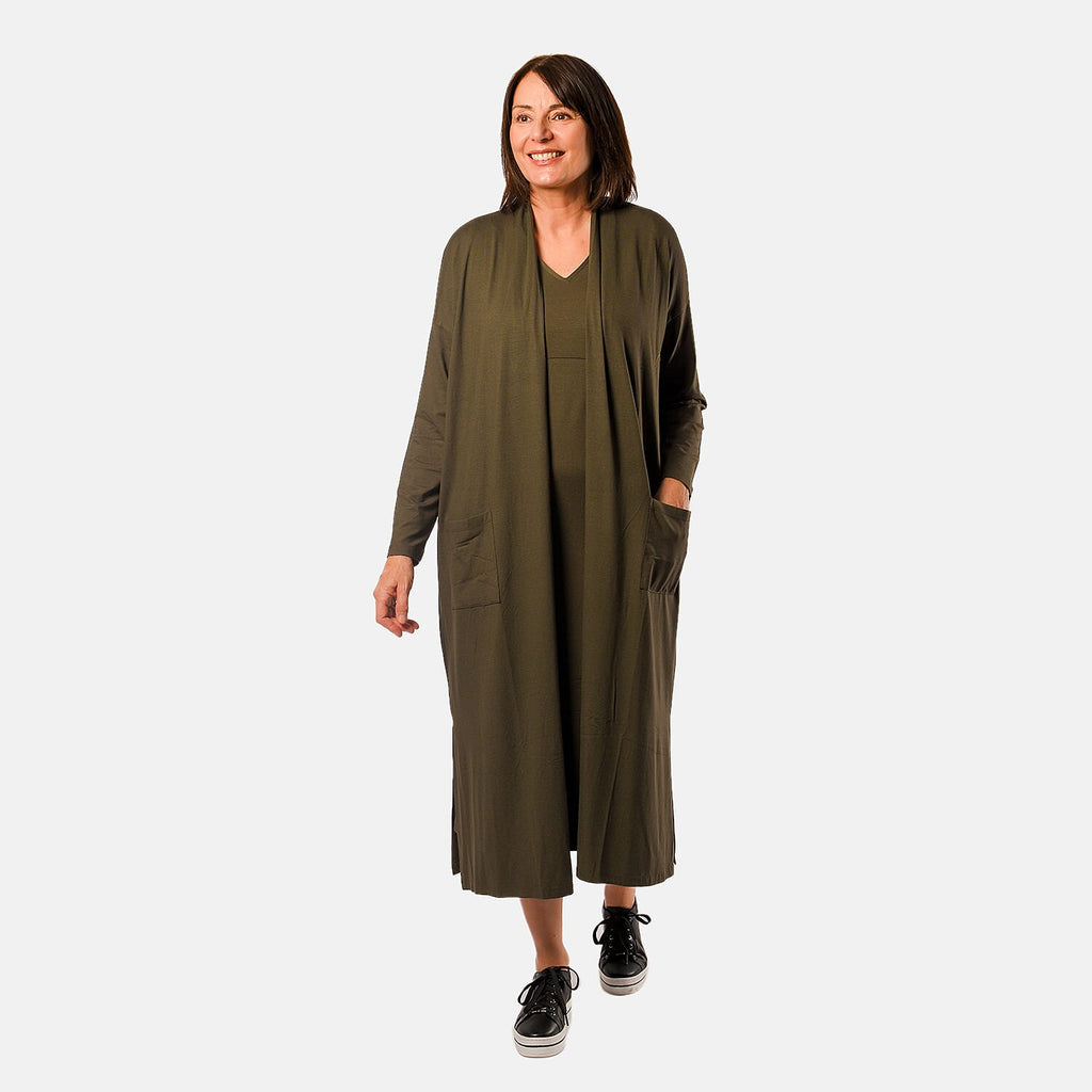 TAMSY V - Neck Long Sleeves Midi Dress with Pocket (Size L) - Olive