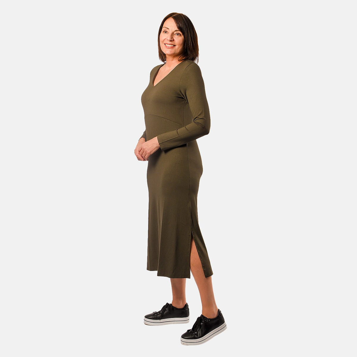 TAMSY V - Neck Long Sleeves Midi Dress with Pocket - Olive Green 7132648 4