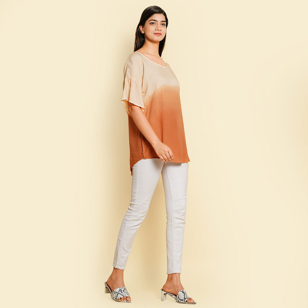 TAMSY 100% Viscose Ombre Print Short Sleeve Top (Size L,16-18) - Brown - Beige