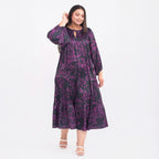 TAMSY Floral Pattern Long Sleeves Dress (One Size, 8-18) - Black and Purple