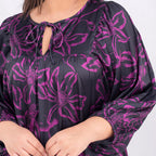 TAMSY Floral Pattern Long Sleeves Dress (One Size, 8-18) - Black and Purple