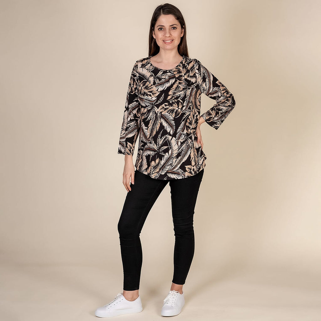 TAMSY 100% Viscose Palm Leaf Pattern Top (Size XL,20-22) - Black & Beige
