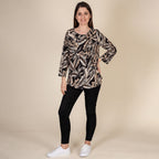 TAMSY 100% Viscose Palm Leaf Pattern Top (Size XL,20-22) - Black & Beige