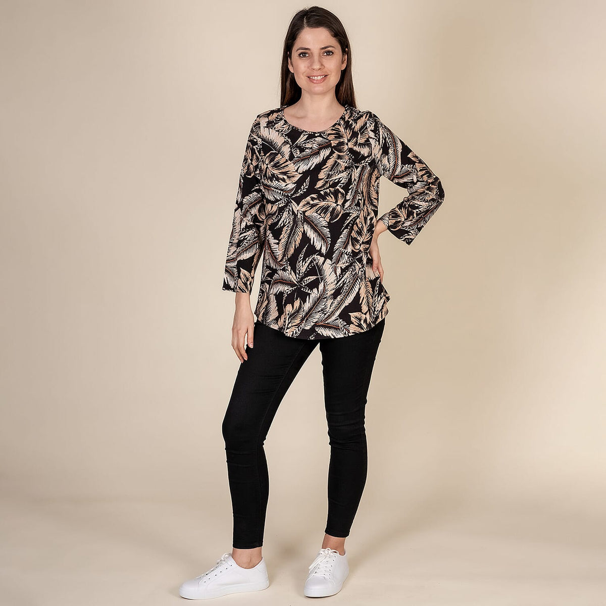 TAMSY Palm Pattern Women's Top - Black and Beige 3880271 0