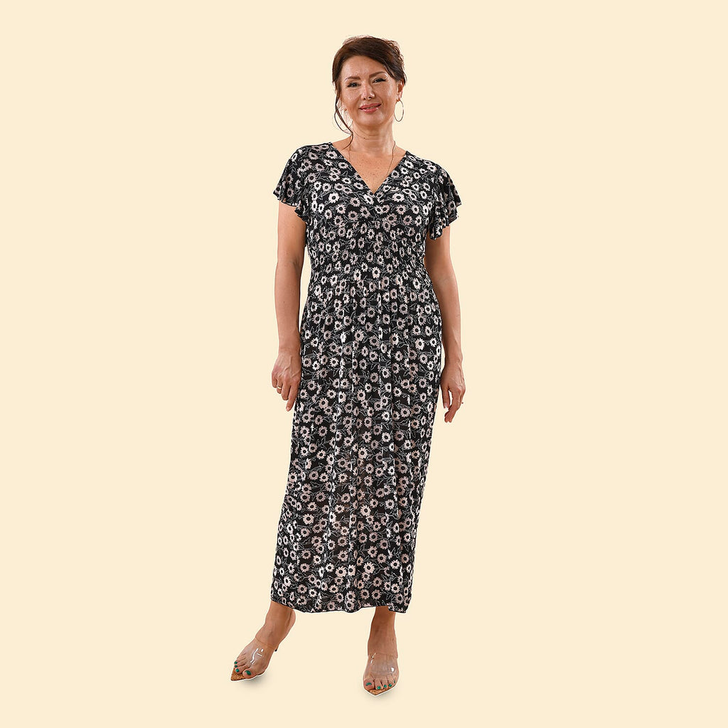TAMSY Floral Pattern Smocked Maxi Dress (Size 8-22) - Black & White
