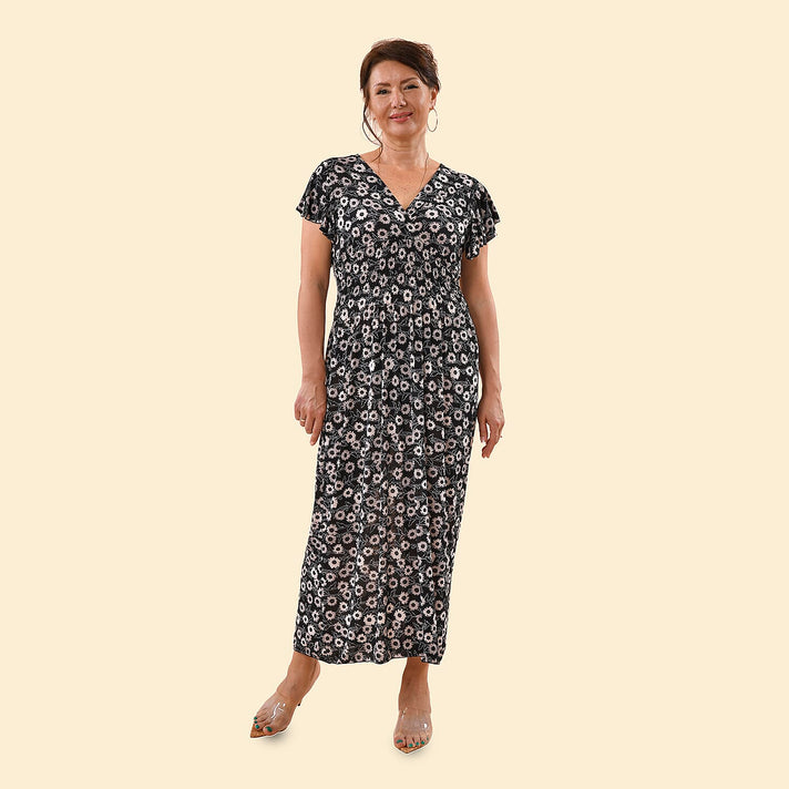 TAMSY Peacock Pattern Smocked Maxi Dress - Black 7322017 1