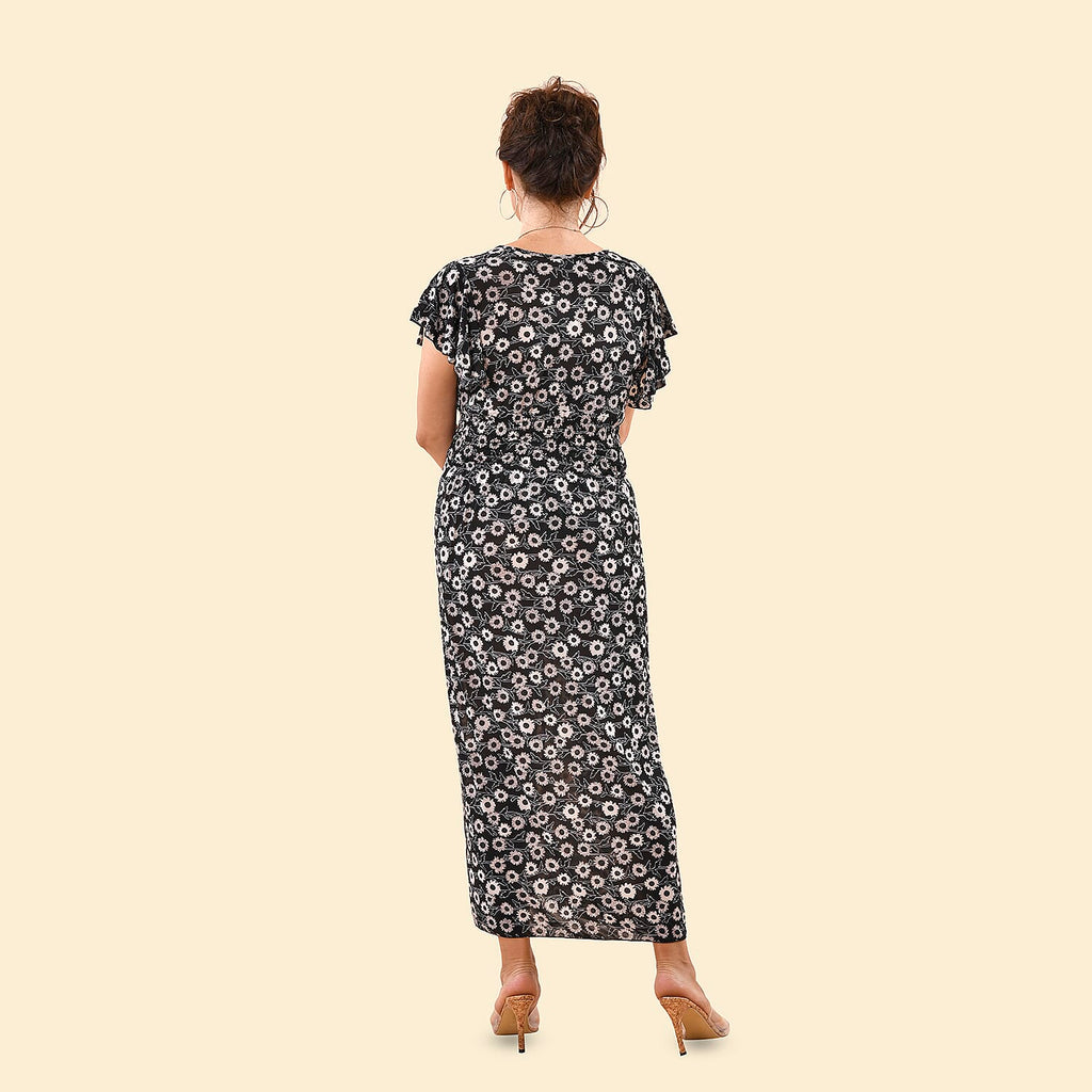 TAMSY Floral Pattern Smocked Maxi Dress (Size 8-22) - Black & White