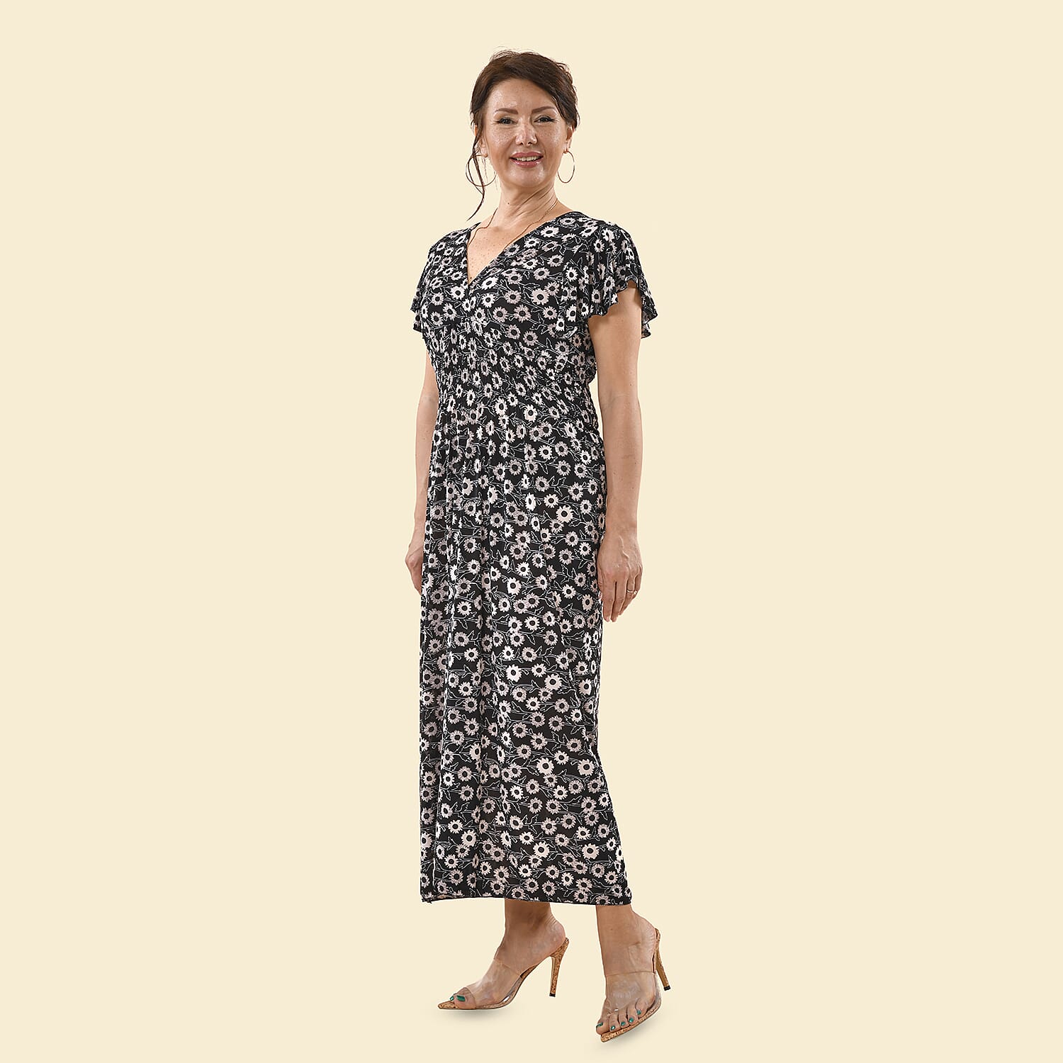 TAMSY Peacock Pattern Smocked Maxi Dress - Black 7322017 3