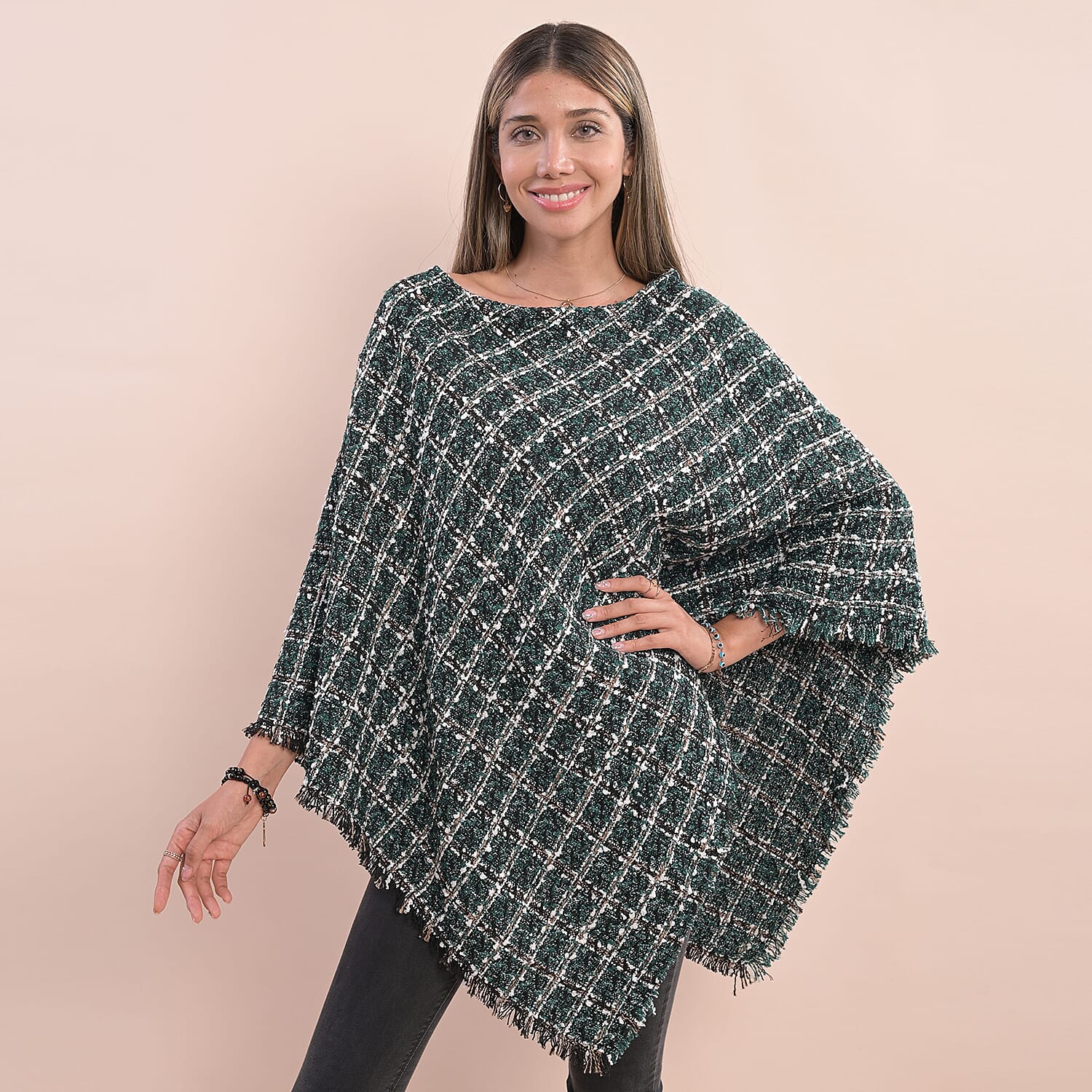 TAMSY Plaid Pattern Tweed Women's Poncho - Green 6726806 0
