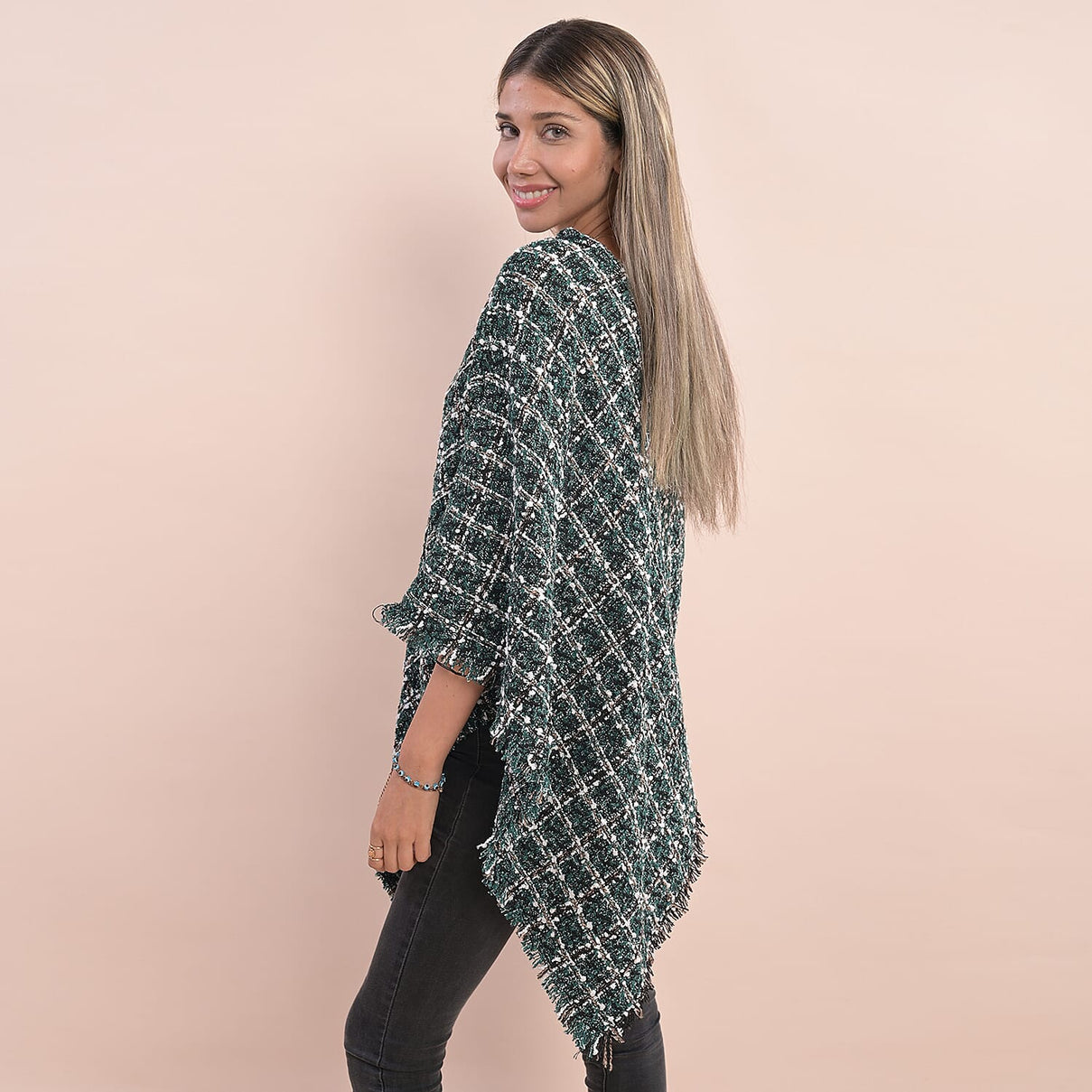 TAMSY Plaid Pattern Tweed Women's Poncho - Green 6726806 2