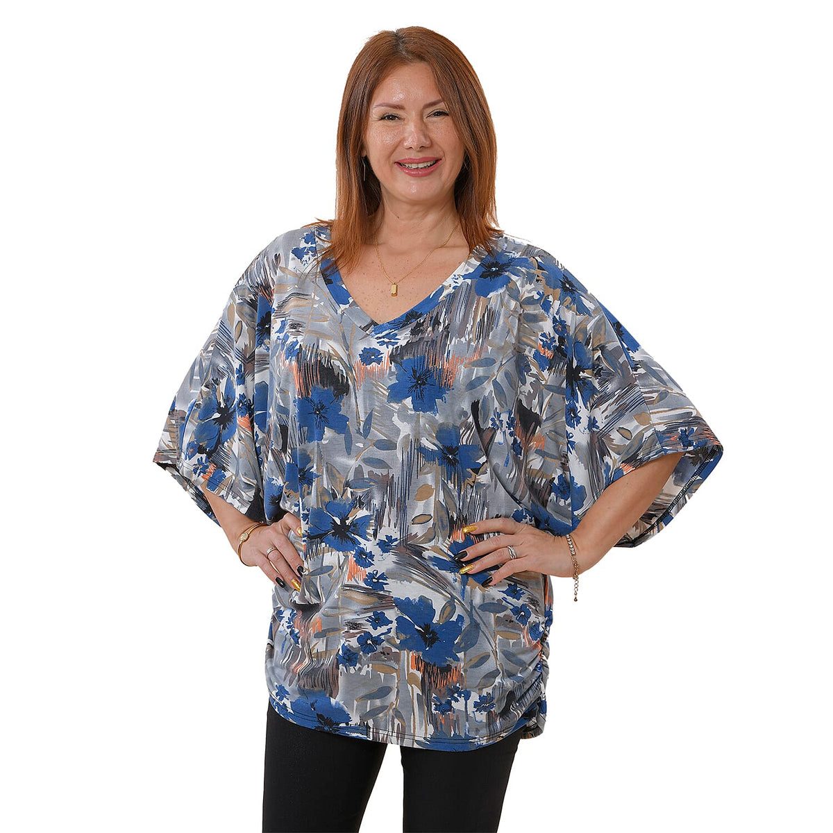 TAMSY Printed V-Neck Knit Drape Top - Dark Blue 7275134 0