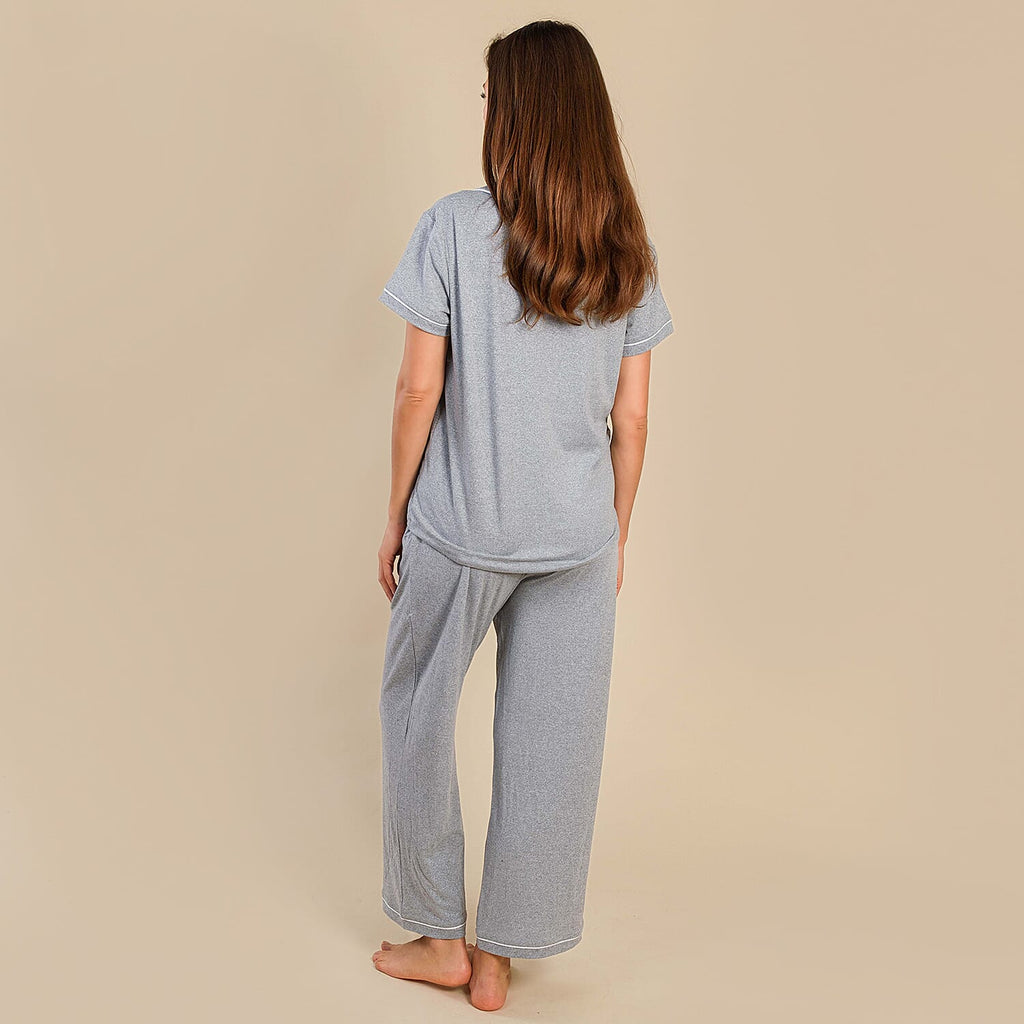 Tamsy Jersey Button Through Rever Collar Pyjama Set (Size L) - Grey