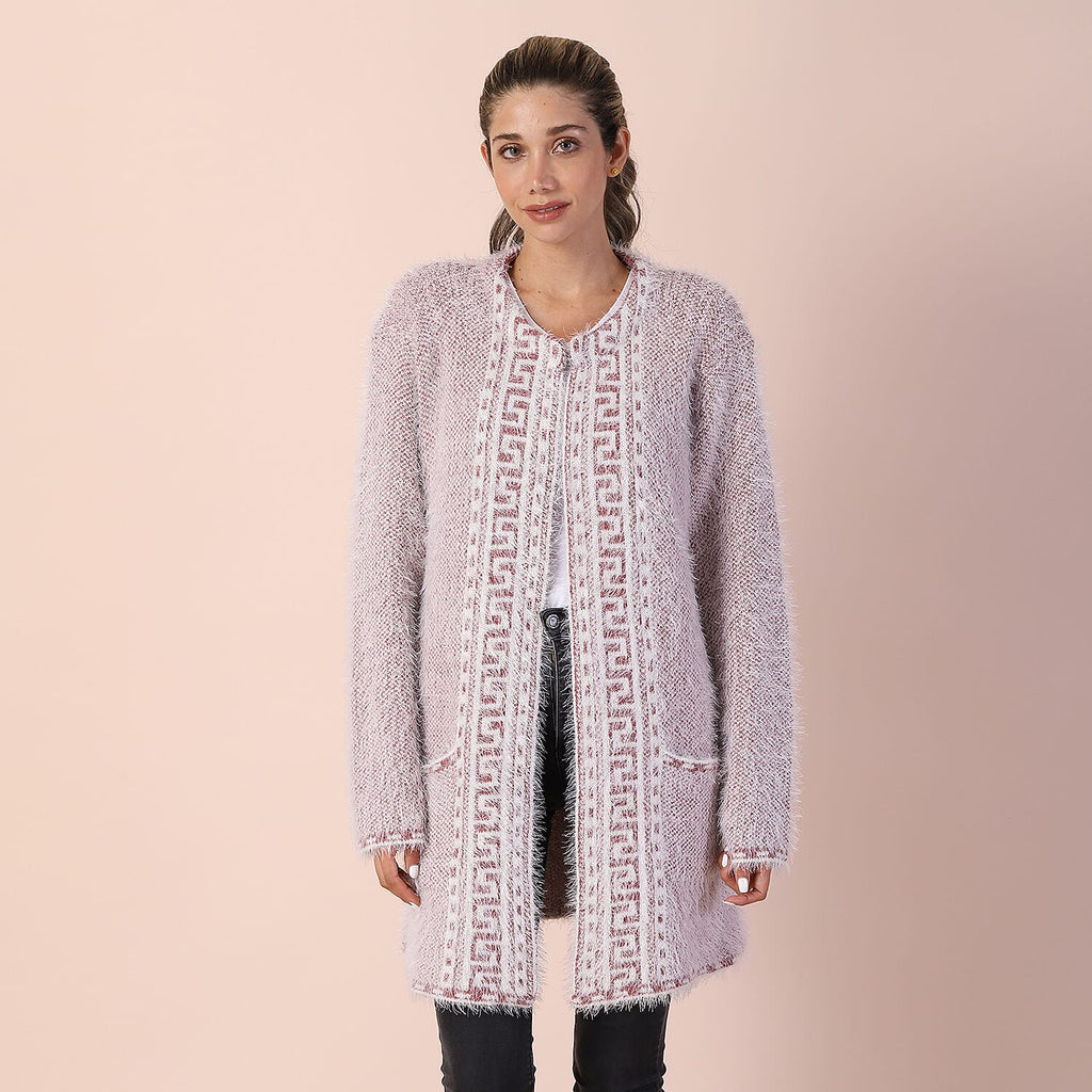 Geometric Pattern Winter Coatigan with Pockets (Size 48in CB 33in - Size 8-20) - Pink