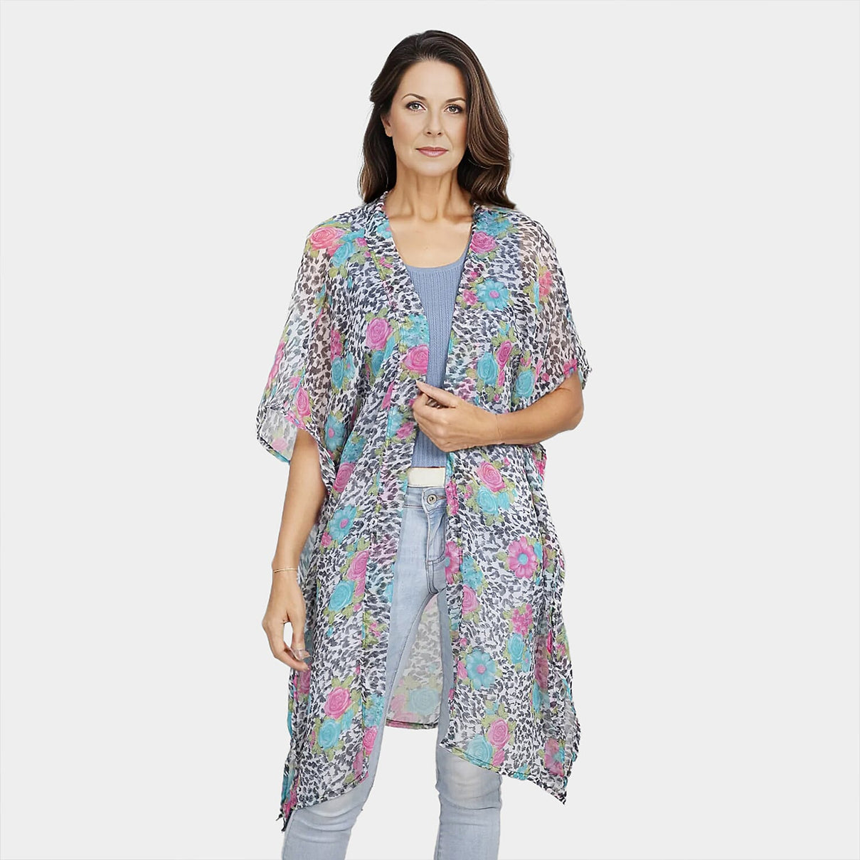 TAMSY Rose Pattern Chiffon Kaftan - Pink, Blue and Multi 6527752 0