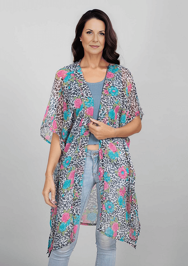 TAMSY Rose Pattern Chiffon Kaftan - Pink, Blue and Multi 6527752 2