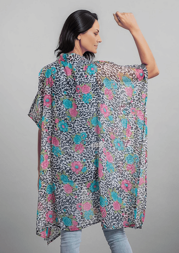 TAMSY Rose Pattern Chiffon Kaftan - Pink, Blue and Multi 6527752 4
