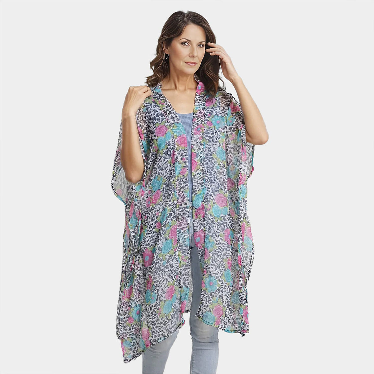 TAMSY Rose Pattern Chiffon Kaftan - Pink, Blue and Multi 6527752 5