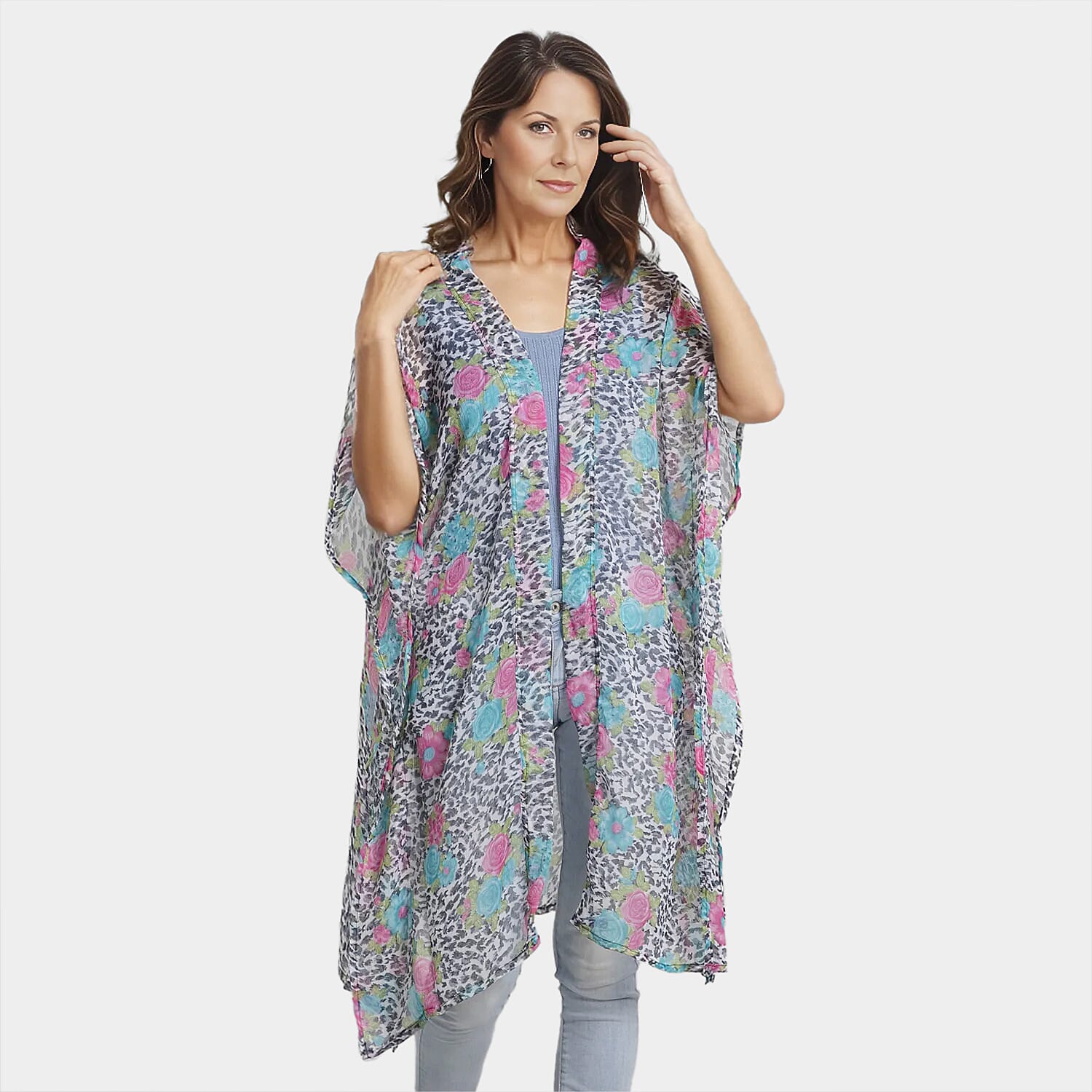 TAMSY Rose Pattern Chiffon Kaftan - Pink, Blue and Multi 6527752 5