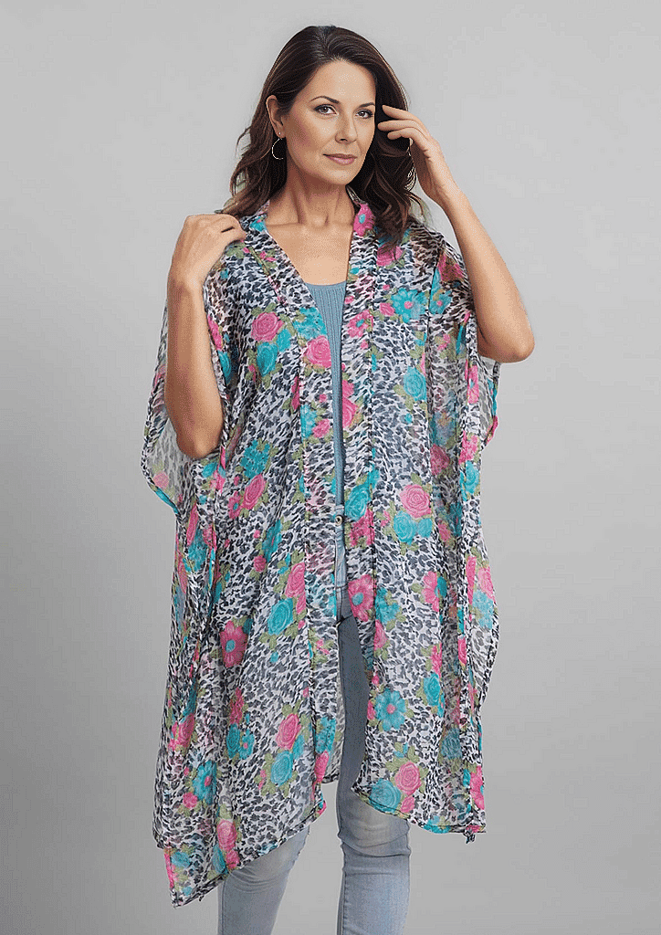 TAMSY Rose Pattern Chiffon Kaftan - Pink, Blue and Multi 6527752 6