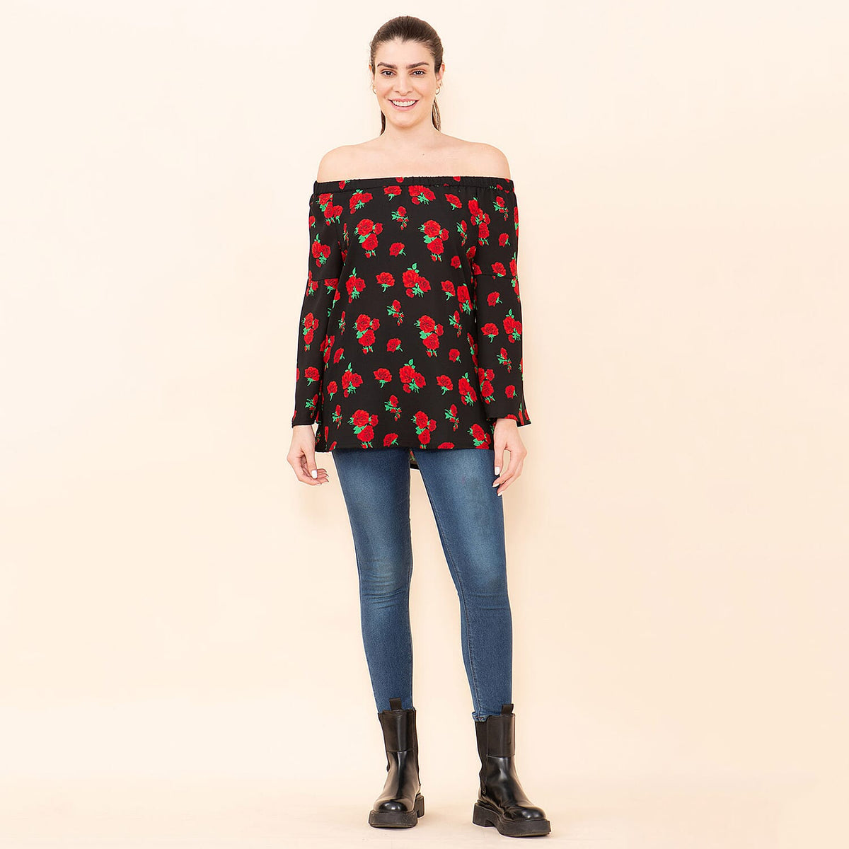 TAMSY Rose Pattern Off Shoulder Top  - Black 9029914 0