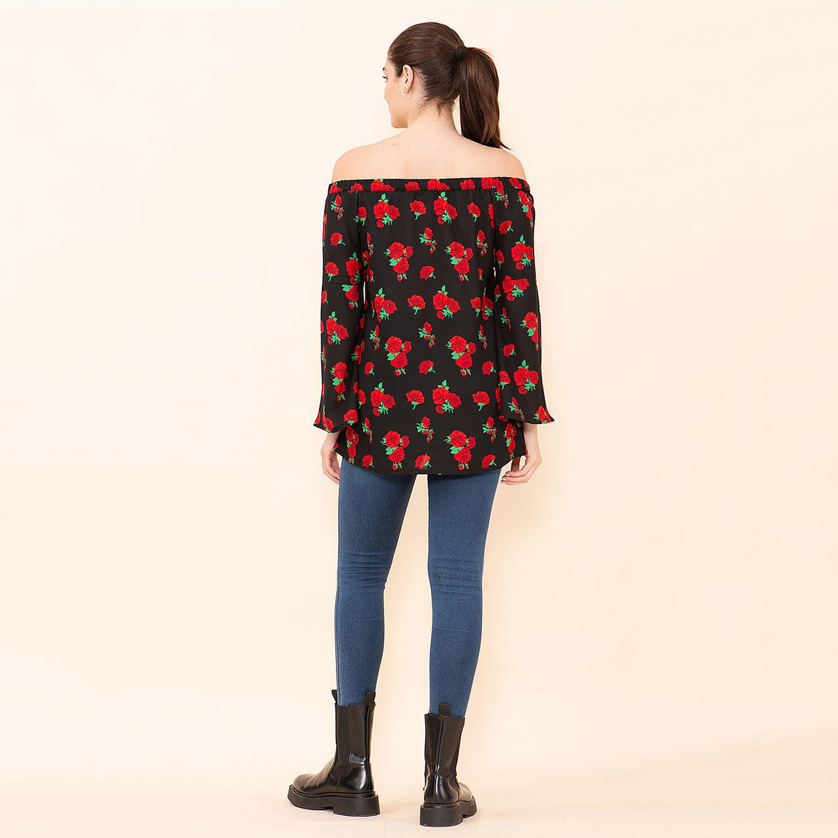 TAMSY Rose Pattern Off Shoulder Top  - Black 9029914 2