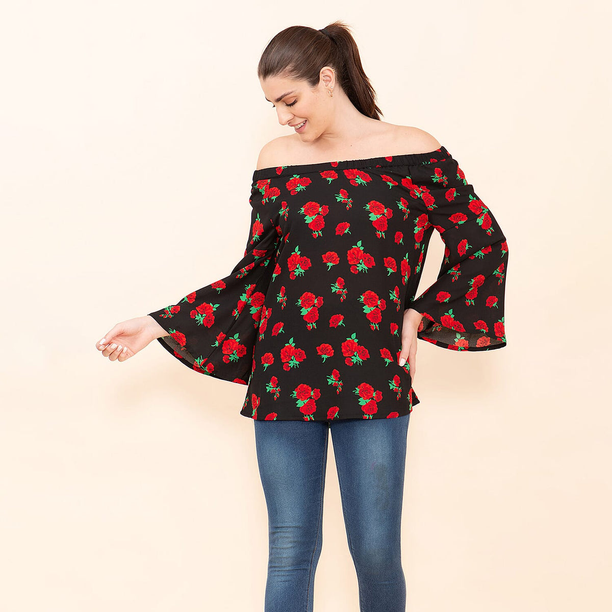 TAMSY Rose Pattern Off Shoulder Top  - Black 9029914 3