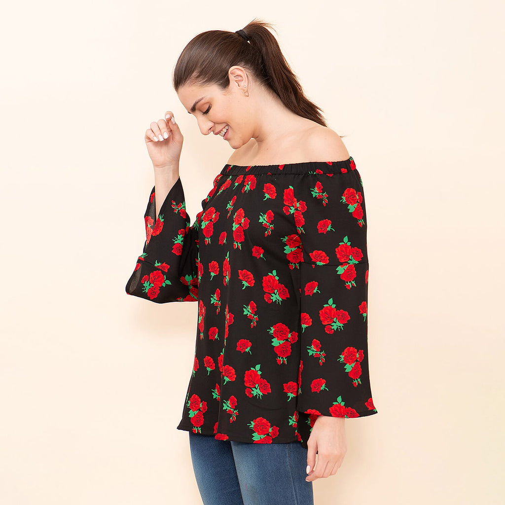 TAMSY Rose Pattern Off Shoulder Top (Size L) - Black