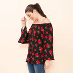 TAMSY Rose Pattern Off Shoulder Top (Size L) - Black