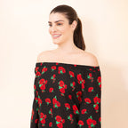 TAMSY Rose Pattern Off Shoulder Top (Size L) - Black