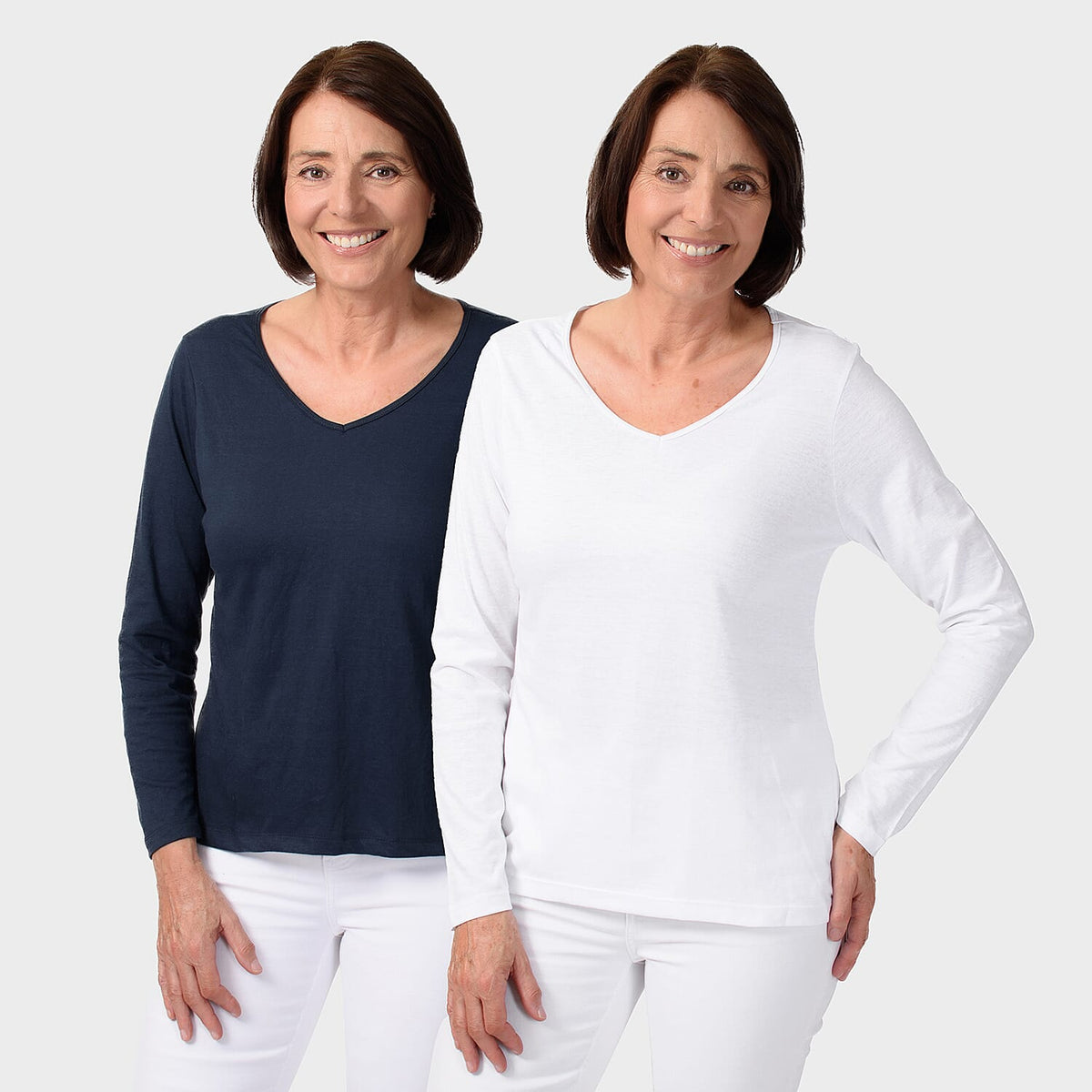 TAMSY Set of 2 Long Sleeve Classic V Neck T-Shirt (Size L) - Navy - White 7659476 0