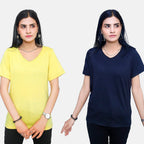TAMSY Set of 2 Short Sleeve Classic V Neck T-Shirt (Size L) - Yellow - Navy