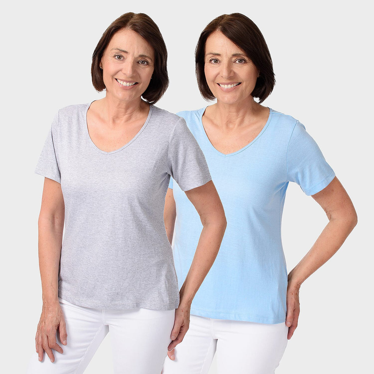 TAMSY Set of 2 Short Sleeve Classic V-Neck T-Shirt - Grey and Chambry 7646857 0