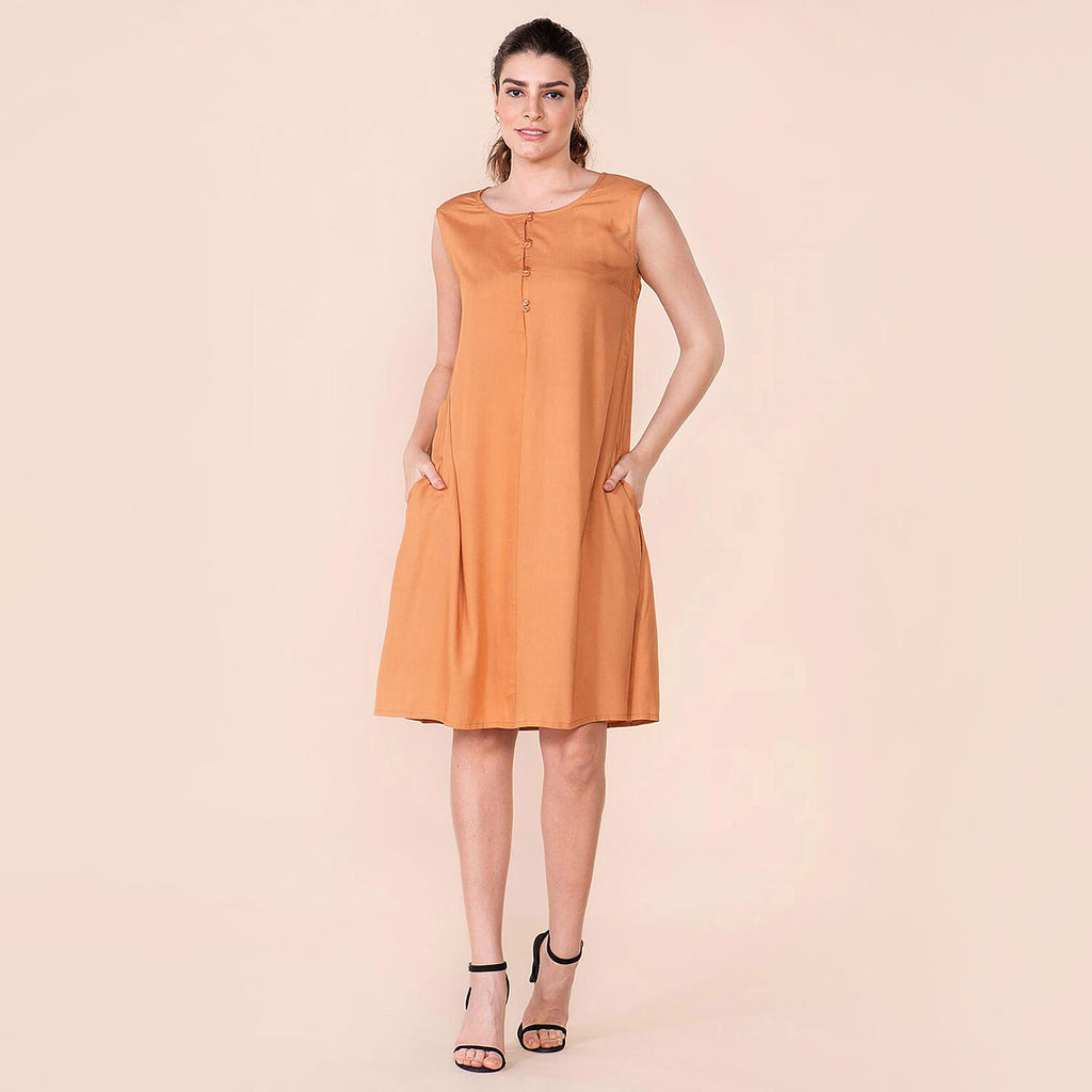 TAMSY 100% Viscose Plain Sleeveless Dress (Size 10) - Orange