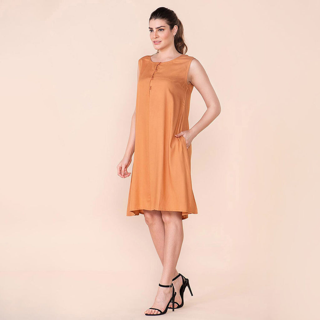 TAMSY 100% Viscose Plain Sleeveless Dress (Size 10) - Orange